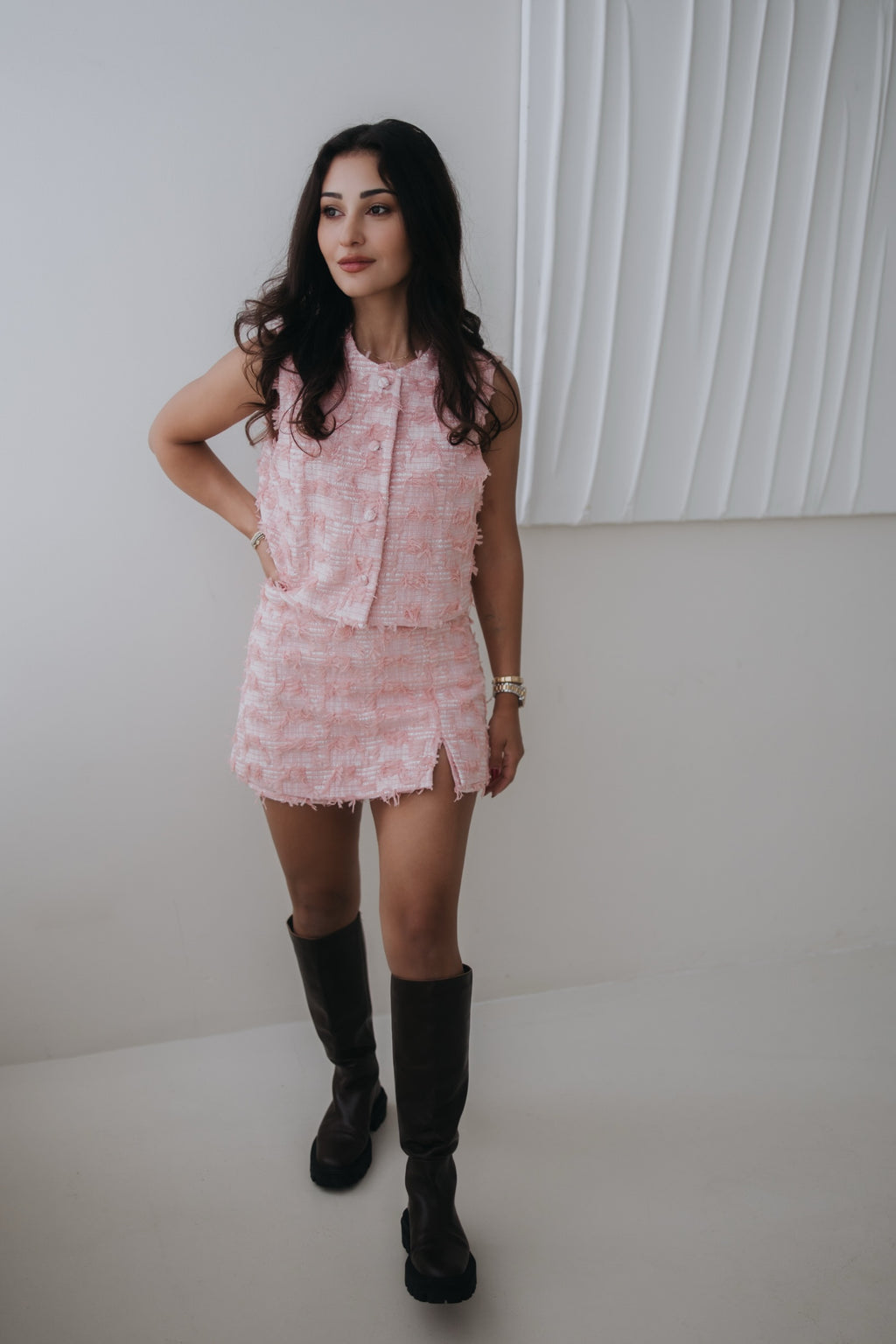 The pink tweed vest