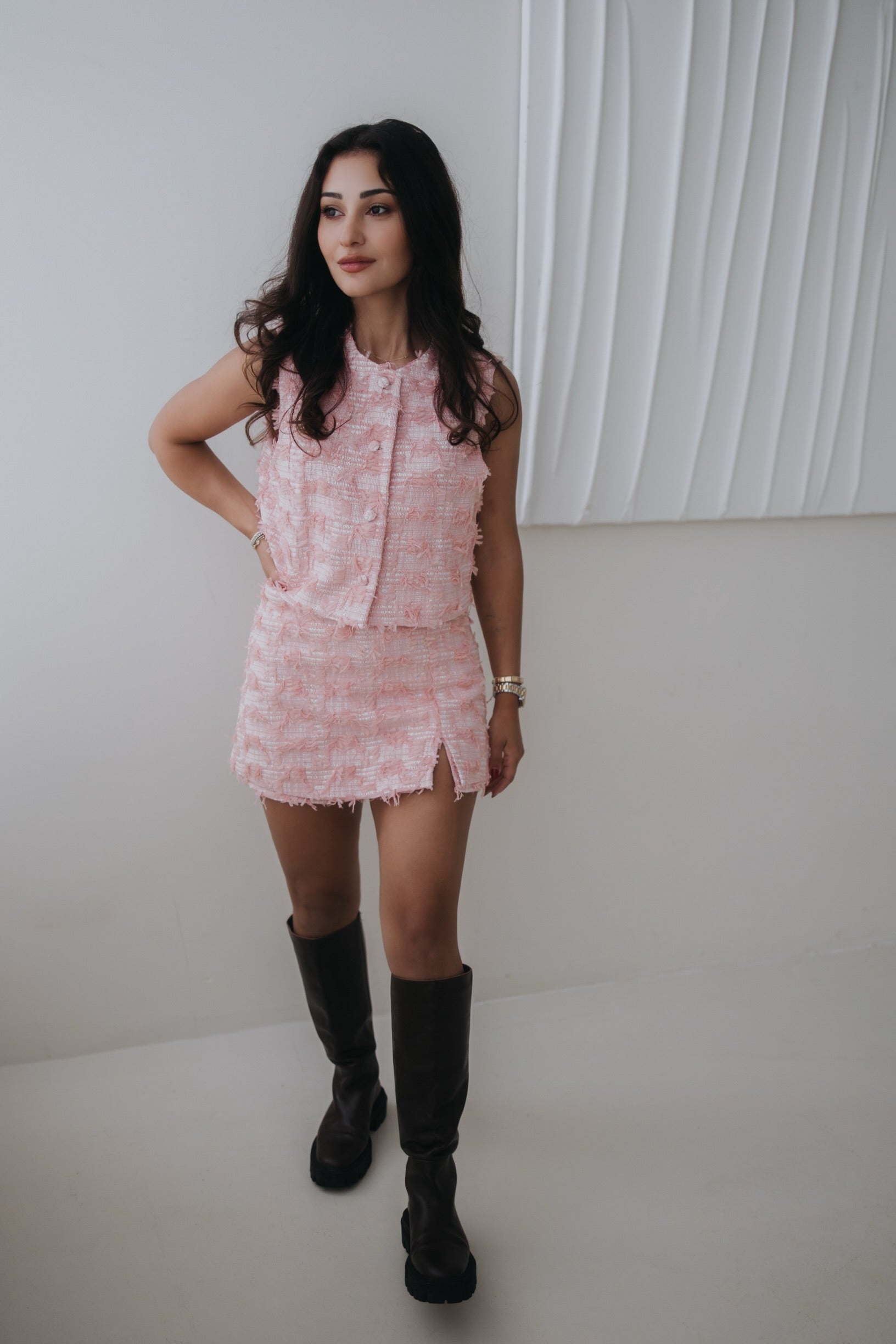 The pink tweed vest